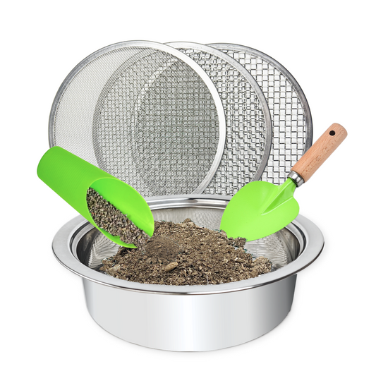 Soil Sifter for Gardening, Stainless Steel Sifting Pan Dirt Sifter, 9.5in Soil Sifter with 3 Sieve Mesh Filter Sizes (0.04",0.12",0.2") and Bonsai Garden Shovel