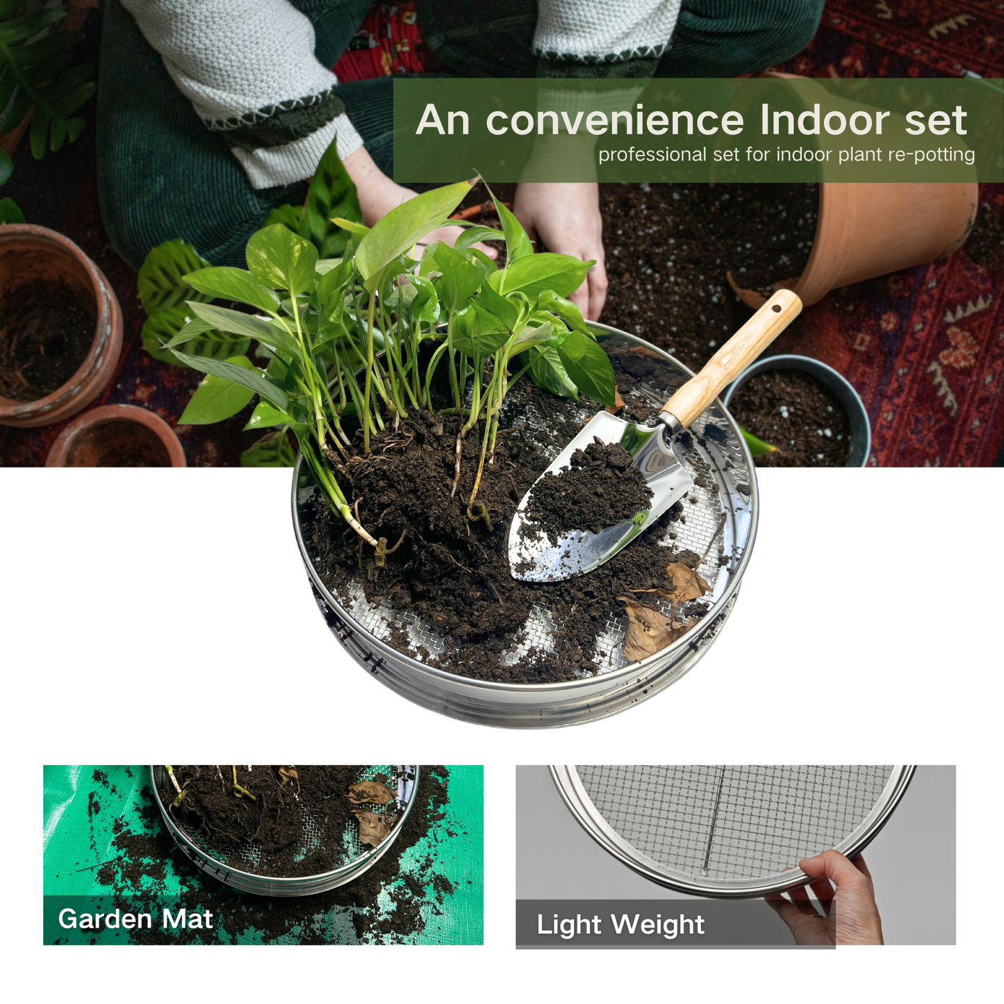 Soil Sifter for Gardening 12 Inch Stainless Steel Compost Sifter Set with 4 Replaceable Fine Screens, Shovel and Repotting Mat