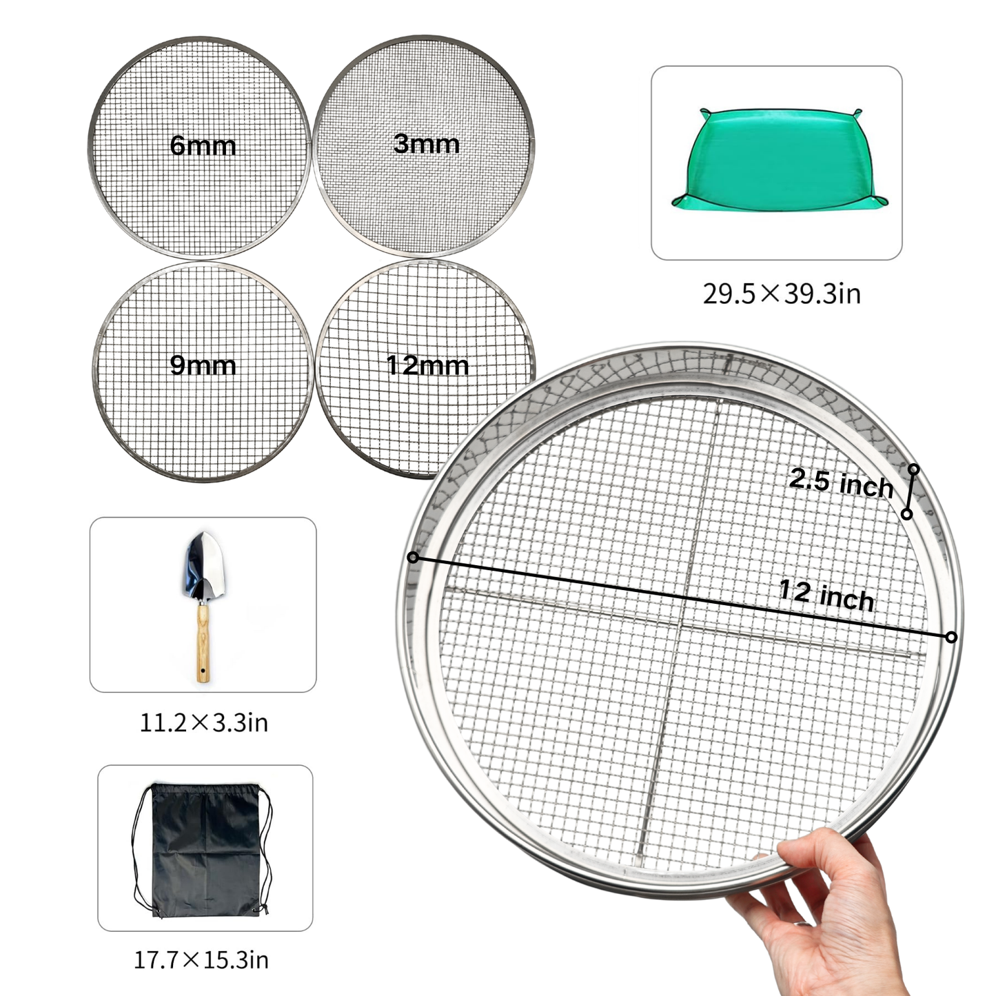 Soil Sifter for Gardening 12 Inch Stainless Steel Compost Sifter Set with 4 Replaceable Fine Screens, Shovel and Repotting Mat